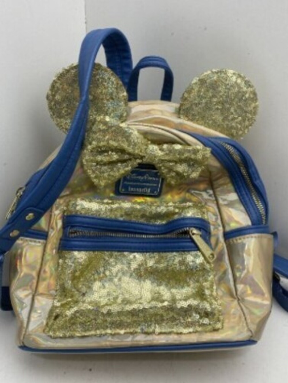 Loungefly Disney Minnie Mouse Gold Sequin Mini Backpack with Blue Accents